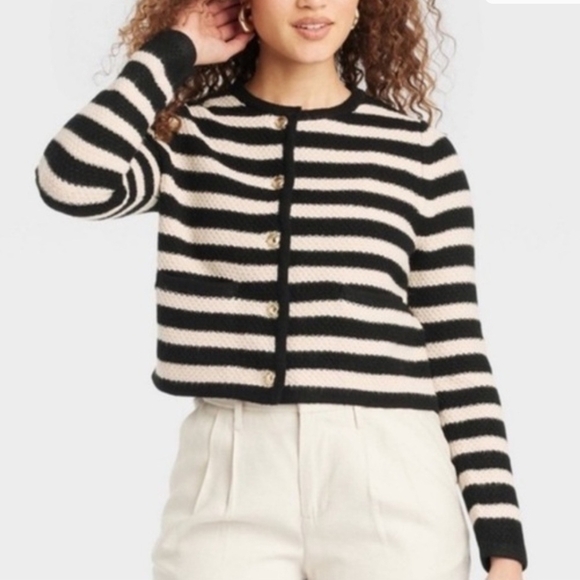 a new day Sweaters - a new day Black and Cream Striped Button-Front Cardigan